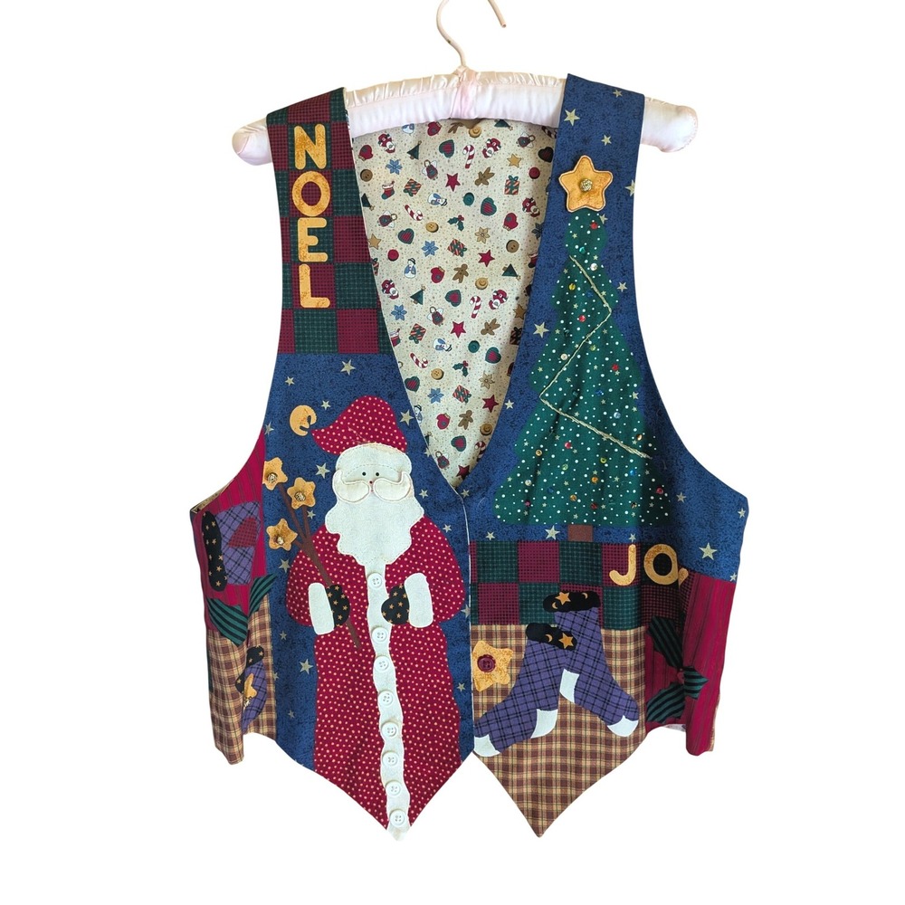 Christmas Patchwork Vest Women M Festive Kitsch Holiday Vintage 90s Handmade